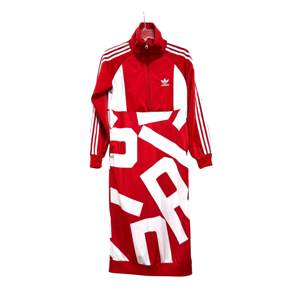 Adidas Originals Women Red White Large Logo Graphic Track Dress Midi FL4065